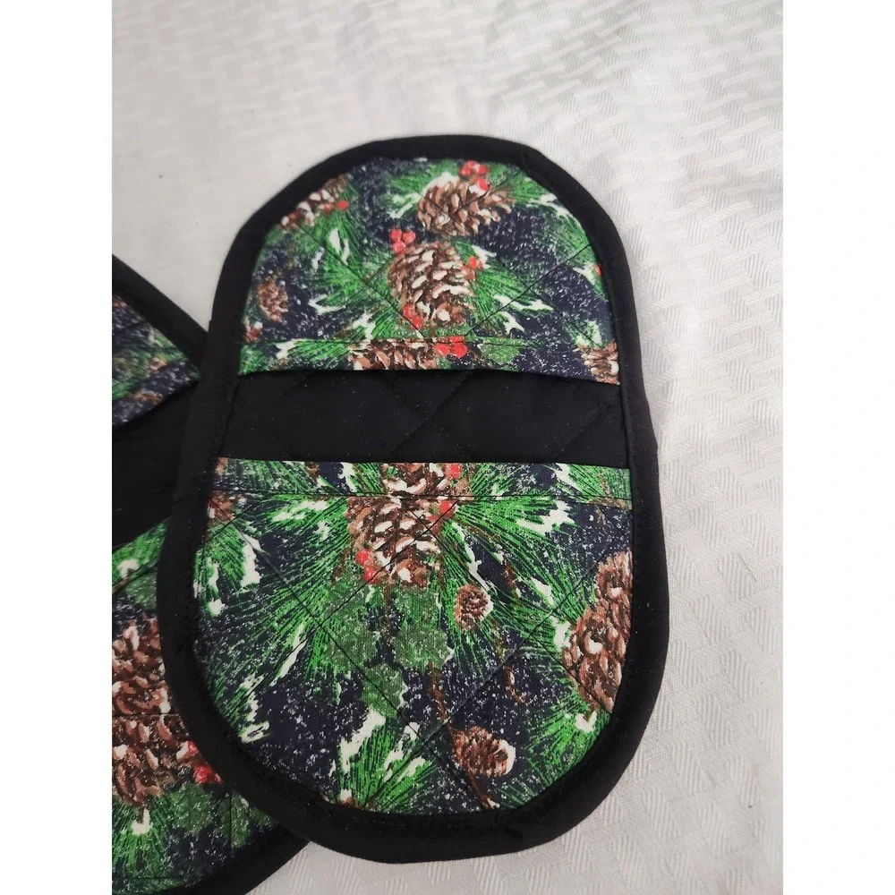 Handmade Christmas Pinecone Denim Quilted Pot Holder Mitts Set of 2 Holiday